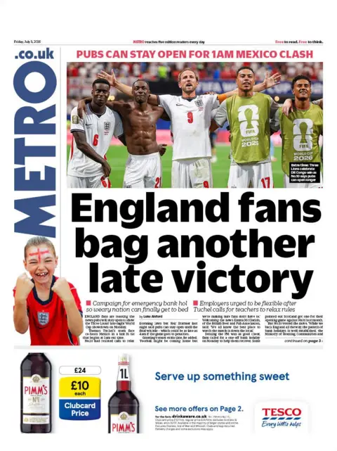 "England fans bag another late victory" reads the headline on the front page of the Metro.