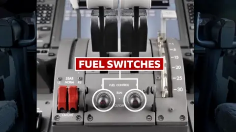 Graphic image of cockpit controls with 'fuel switches' written on top and circles around switches