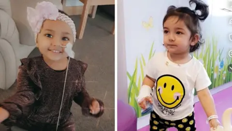 Aneeka Sohrab Two side-by-side images of a small girl with dark hair. She has medical tubes and bandages on. 