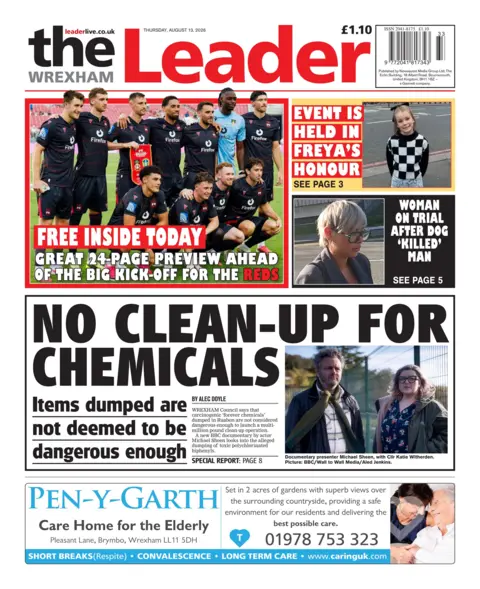 Wrexham Leader Front page of the Wrexham Leader with splash headline "No clean-up for chemicals"