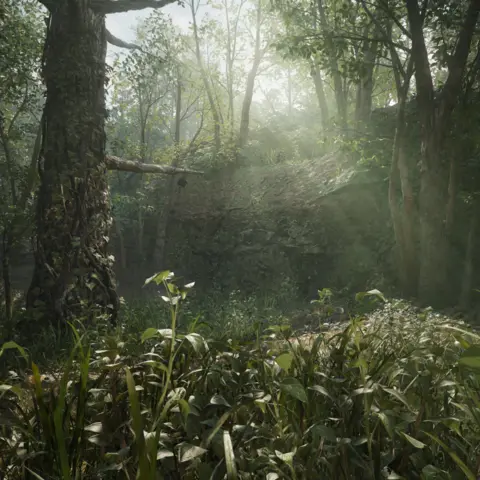 Konami A jungle scene rendered in a video game. In the foreground, photo-realistic plants grow in front of a large tree. Several trees in the background are broken up by a beam of light.