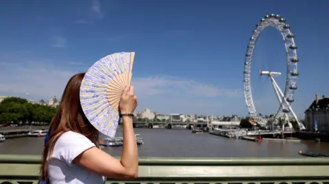 A woman with her face covered by her hand-held fan, with the River Thames and London Eye in the background