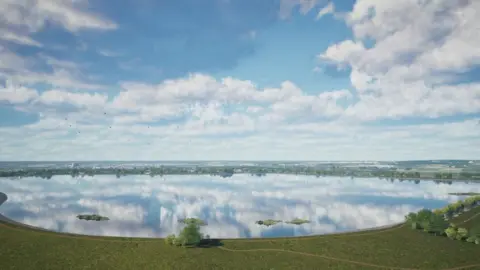 Thames Water An artist's impression showing green space in the foreground with the large reservoir spanning behind - clouds can be seen reflecting in the water