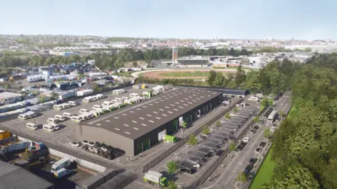 City of Wolverhampton Council The artist's impression shows a long, grey warehouse with vehicles parked outside on the left and right. A road surrounds it with tree on the right hand side. An athletics track can be seen in the distance along with houses and other buildings.