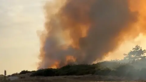 Summer Barnes Orange and grey smoke rising from heathland on a cliff.