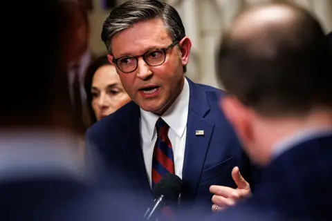 U.S. Speaker of the House Mike Johnson (R-LA) holds a press conference in the U.S. Capitol building on March 27, 2026 in Washington, DC. 