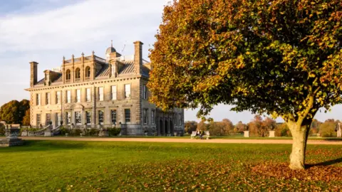 National Trust Kingston Lacy, a Venetian-style stately home. There is a tree in the foreground - the leaves are turning orange and falling in a pile below the tree