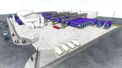 First Bus An artist's impression of the Weston depot when completed. It is a white and grey drawing, showing where the buses are kept. The electric buses are drawn in purple, and are lined up beside each other. Above them are metal bridge structures where the charging ports will be. On the left there is a large warehouse building and several cars parked in spaces.