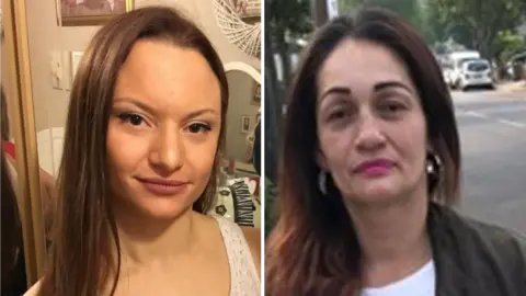 Sheryl Wilkins, 39, with long light brown hair and Carmenza Valencia-Trujillo, 54, in a black leather jacket with hoop earrings.