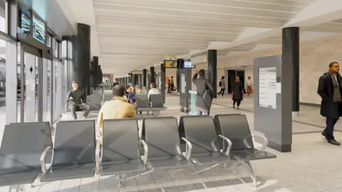 West Yorkshire Combined Authority An artist's impression of the inside of the bus station, which shows people sat on rows of grey seats, and a row of information screens.