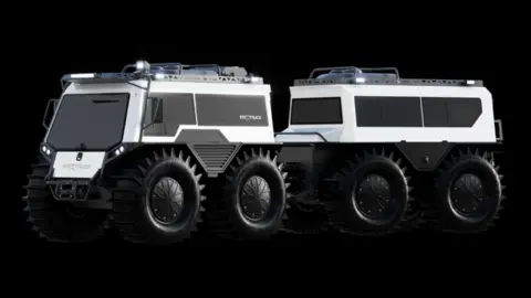 Bay Search and Rescue A blue print of a 4x4 amphibious vehicle which looks like a small tank and a trailer. The vehicle has a white frame with huge black wheels.