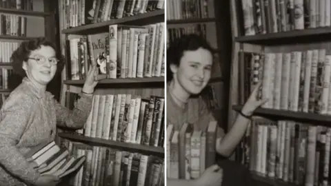 Margaret Evans and Mary Kirk, in a composite image of the two of them in the library, putting a book on a shelf and carrying a stack of books in the other arm. The image is black and white. 