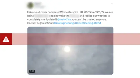 Screenshot of a tweet saying "Fake cloud cover complete! Wake up and realise our weather is being completely manipulated! Met Office, you can't be trusted anymore. Corrupt organisation!". This is followed by the hashtags #GeoEngineering and #CloudSeeding. The tweet also includes a picture of cloudy skies.