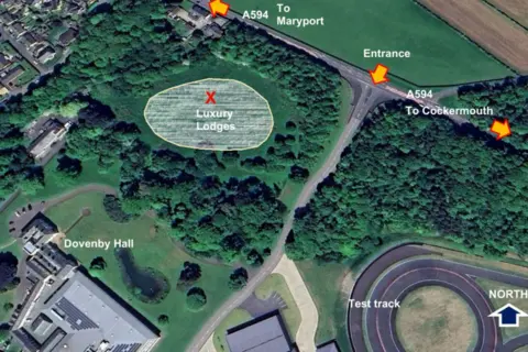 Cumberland Council Aerial site map showing a proposed luxury lodge development within a wooded area, with access from the A594 and nearby landmarks including Dovenby Hall and a test track.