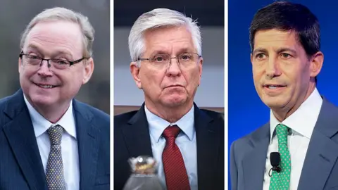 A three way composite photo shows headshots of the three candidates all wearing suits, stitched together from separate images, with  Kevin Hassett on the left, Christopher Waller in the middle and Kevin Warsh on the right.