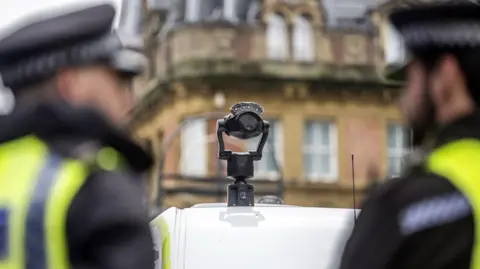 A general view of a camera on top of a live facial recognition (LFR) van. 