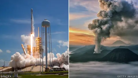 BBC Falcon rocket and volcano eruption