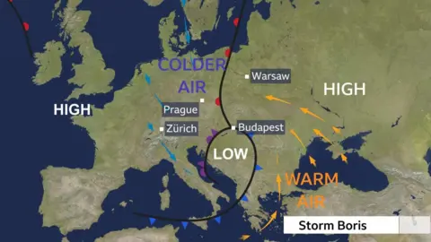 Mapa przedstawiająca przepływ powietrza burzy Boris nad Europą 