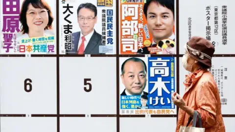 Agenzia per la protezione dell'ambiente Una donna passa davanti a un cartellone che espone manifesti elettorali per i candidati alle prossime elezioni generali a Tokyo, Giappone, 25 ottobre 2024. 