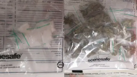 Two images of packages of drugs side by side. Both are resting on white paper. One is a white powder substance and the other is green. 