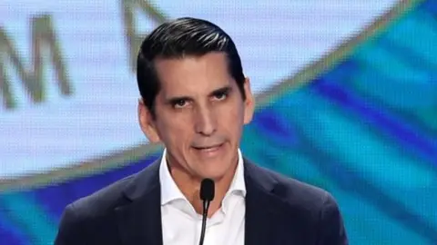 Reuters Presidential candidate Romulo Roux, of the Democratic Change (CD) speaks during the televised presidential debate organized by Panamanian Chamber of Commerce in Panama City, Panama April 10, 2019.