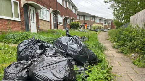A pile of black bin bags is in the foreground on green grass in front of a row of houses. The houses stretch into the distance, with more piles of black bin bags outside each house