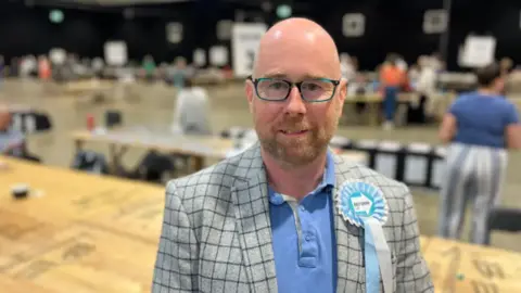 BBC Rob Howard pictured slightly smiling in a community hall on election night. He is wearing blue framed glasses, he has a blonde beard and is bald. He is wearing a grey and black checked suit jacket with a blue polo shirt.