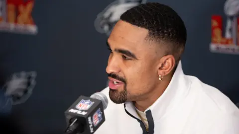 Jalen Hurts speaks to media on the Tuesday before Super Bowl 59