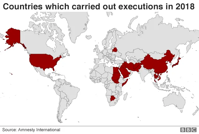 Map showing countries which executed in 2018