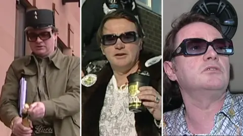 Three pictures of Scott attending various court appearances. In the first he is dressed in green military clothing like Che Guevara and is opening a bottle of champagne on the court steps. In the second he is wearing a flamboyant white and black shirt and black fur coat and holding a Pot Noodle. In the third he is sitting in the back of a luxury limousine. In all three he is wearing his large designer sunglasses.