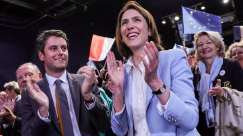 French Prime Minister Gabriel Attal (CL) and Renaissance Party European candidate Valerie Hayer (C-R) during President Macron's Renaissance party meeting in Boulogne-Billancourt, Paris suburbs, France, 28 May 2024