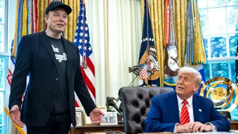 US President Donald Trump and Elon Musk attend a press conference in the Oval Office at the White House in Washington, DC, USA, 30 May 2025.