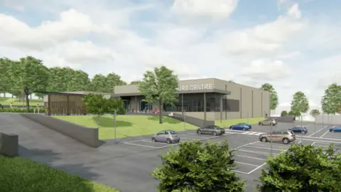 An artist's impression of a car park surrounded by trees and a small leisure centre