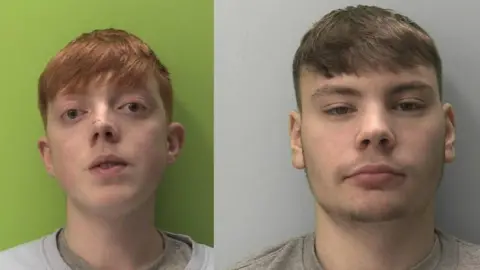 Devon and Cornwall Police Two mug shots of the pair, Taylor has short ginger hair and James has short brown hair