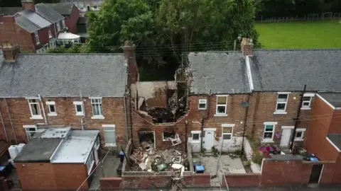 BBC An aerial shot of the property destroyed by the explosion at Coronation Terrace, Willington
