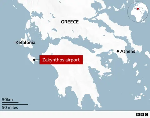 Map of Greece highlighting Zakynthos airport on the island of Zakynthos in the Ionian Sea. Athens and the nearby island of Kefalonia are labelled for reference, and an inset map shows the location within Europe.