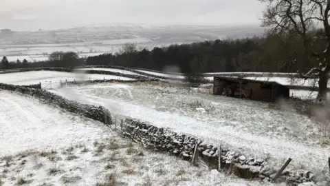 Charles Middleton in Teesdale/Weather Watchers Winter view of fields, bisected by a dry stone wall, with a wood to one side and rolling hills in the background. The area has a light covering of snow, and it appears to be snowing or sleeting.