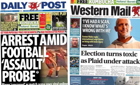 A composite image. On the left is the front page of the Daily Post which shows main headline "Arrest amid football 'assault probe'" next to a blurry image of two men playing football. Their faces are blurred. Other headlines read: "The couple who bought a house without seeing inside first", "Fowl play, Detained swan has a 'hot fuss' moment" and "Man tasered after pursuit". On the right is the front page of Western Mail shows main two main headlines. The first reads: "'I've had a scan, I know what's wrong with me'" and is next to an image of former Wales rugby international Leigh Davies. He has short grey hair and wears a grey hoodie. The other main headline reads: "Election turns toxic as Plaid under attack". Other headlines read: "Filmmaker in running for Bafta", "Banned! From every pub in Wales", "Crunch meeting on rugby region". 