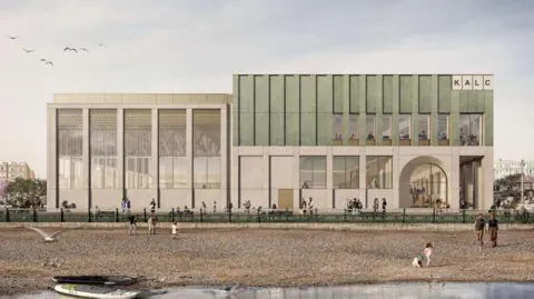 An artist's impression of the new King Alfred Leisure Centre, showing rectangular concrete and glass buildings, facing onto the shingle beach.