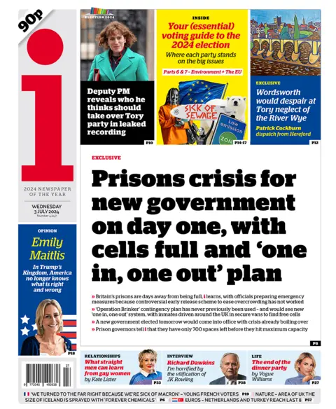 The headline in the i reads: "Prisons crisis for new government on day one, with cells full and 'one in, one out' plan".