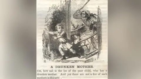 University of Lancashire A cutting of a pamphlet showing a woman chasing a small child with a bat. The caption reads 'a drunken mother'.