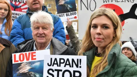 PA Media Stanley Johnson and Carrie Symonds at an anti-whaling protest outside the Japanese Embassy in central London.