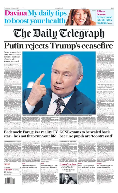 Front page of the Daily Telegraph for Wednesday 19 March 2025. 