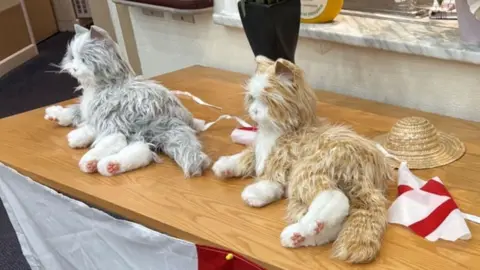 LCC Two of the robot cats, one grey and one ginger, on an oak coloured wooden table at the day care centre