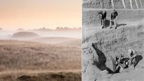 National Trust/Getty Composite image showing Sutton Hoo burial mounds on left in mist and black and white image of men excavating the ship on right