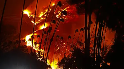 A large mountain can be seen in the distance covered in fires during night time. Large red sections can be seen all the way up the mountain with large plumes of smoke. A road with vehicles travelling along it can be seen at the bottom of the picture.