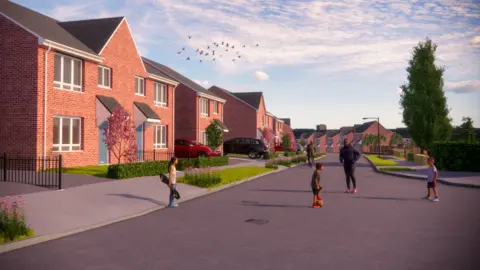 Leeds City Council Artist's impression shows a row of newbuild houses with children playing in front