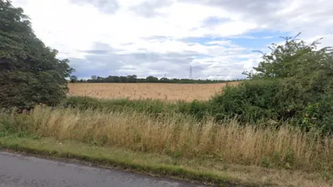 Google A view of a field with a road and hedgerow in the foreground and pylons in the background.