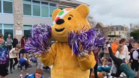 Pudsey the bear at Capelles primary school in Guernsey