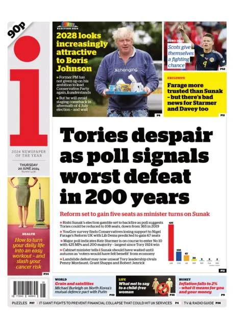 i paper The front page of the i paper, whose headline reads "Tories despair as poll signals worst defeat in 200 years"